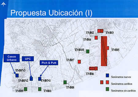 Propuesta de AENA para modificar la localizaci&oacute;n inicial de los son&oacute;metros de AENA (TMR) en el entorno del aeropuerto del Prat (Febrero 2004)